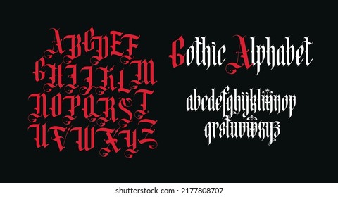 Gothic font. Full set of capital letters of the English alphabet in vintage style. Medieval Latin letters. Vector calligraphy and lettering. Suitable for tattoo, label, headline, poster, etc.