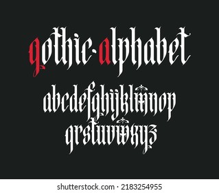 Gothic font. Full set of capital letters of the English alphabet in vintage style. Medieval Latin letters. Vector calligraphy and lettering. Suitable for tattoo, label, headline, poster, etc.