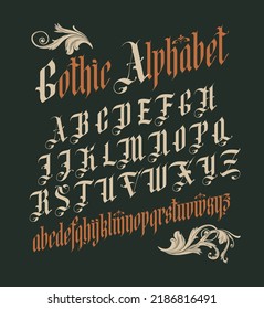 Gothic font. Full set of capital letters of the English alphabet in vintage style. Medieval Latin letters. Vector calligraphy and lettering. Suitable for tattoo, label, headline, poster, etc.