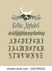 Gothic font. Full set of capital letters of the English alphabet in vintage style. Medieval Latin letters. Vector calligraphy and lettering. Suitable for tattoo, label, headline, poster