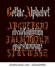 Gothic font. Full set of capital letters and small of the English alphabet in vintage style with damaged and scratched elements. Medieval Latin letters. Vector calligraphy and lettering. 