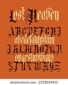 Gothic font. Full set of capital letters and small of English alphabet in grunge vintage style with damaged and scratched elements. Medieval Latin letters. Vector calligraphy and lettering. 