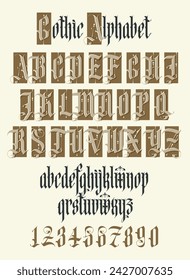 Gotische Schrift. Vollständiger Satz von Großbuchstaben, kleine Buchstaben und Zahlen des englischen Alphabets im Vintage-Stil. Mittelalterliche lateinische Buchstaben. In: Vector Calligraphy and Lettering. Geeignet für Tätowierung, Etikett, Logo