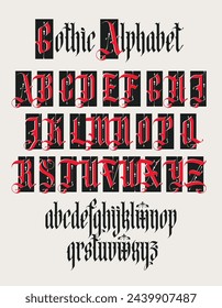Gothic font. Full set of capital letters of the English alphabet in vintage style. Medieval Latin letters. Vector calligraphy and lettering. Suitable for tattoo, label, headline, poster, etc.