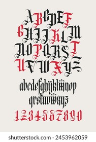 Gothic font. Full set of capital, small letters and numbers of the English alphabet in vintage style. Medieval Latin letters. Vector calligraphy and lettering. Suitable for tattoo, label, logo