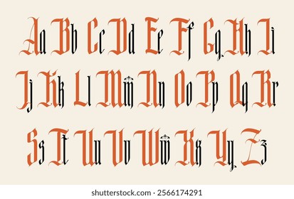 Gothic font. Full set of capital and small letters of English alphabet in vintage style. Medieval Latin letters. Vector calligraphy and lettering. Suitable for tattoo, label, headline, poster