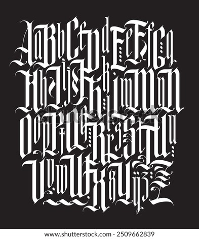 Gothic font. Full set of capital and  small letters of the English alphabet in vintage style. Medieval Latin letters. Vector calligraphy and lettering. Suitable for tattoo, label, logo