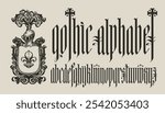 Gothic font. Full set of letters of English alphabet in vintage. Medieval Latin letters. Vector calligraphy and lettering and the coat of arms with a lily and a knight