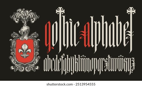 Gothic font. Full set of letters of English alphabet in vintage. Medieval Latin letters. Vector calligraphy and lettering and the coat of arms with a lily and a knight's helm