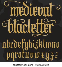 Gothic font, handmade medieval script, lowercase calligraphic letters, Full alphabet set, Blackletter style typeface. Vector