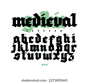 Gothic font from Latin letters. Vector. English alphabet. Medieval European style. European alphabet 9-16th century. Romano-Germanic letters. Symbols for monogram and design.