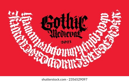 Gothic font from Latin letters. Vector. English alphabet. Medieval European style. English alphabet 9th-19th century. Symbols and signs for monogram and design. Modern calligraphy.