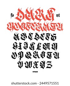 Gothic font from Latin letters. Vector. English alphabet. Medieval European style. English alphabet 9th-19th century. Symbols and signs for monogram and design. Modern calligraphy.