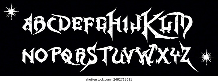 Gothic font. Medieval dark tattoo y2k alphabet, letter typography print, dark vintage scary typeface. Rock poster sign, metal music handwriting graffiti, magic calligraphy. Vector calligraphy 