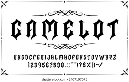 Gothic font, retro medieval type, vintage tattoo typeface, antique English alphabet. Vector latin european letters in style of past centuries. Symbols, numbers and signs for monogram and calligraphy