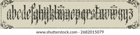 Gothic Font. A set of distressed English alphabet letters in a vintage style. Medieval Latin letters. Vector calligraphy and lettering, framed with an elegant, graceful pattern and decor. No AI