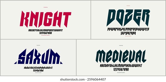 Gothic fonts vector set, vintage sharp cornered geometric typeface collection, strong and heavy alphabet typeset designs, easy to use for logo creation or titles.