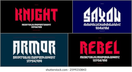 Gothic fonts vector set, vintage sharp cornered geometric typeface collection, strong and heavy alphabet typeset designs, easy to use for logo creation or titles.