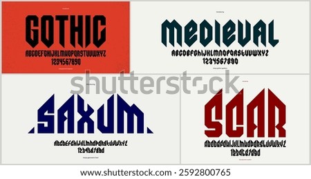 Gothic fonts vector set, vintage sharp cornered geometric typeface collection, strong and heavy alphabet typeset designs, easy to use for logo creation or titles.