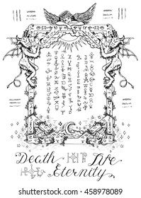 Gothic frame or magic border with angel and demons, heaven and hell religious background. Sketch illustration with mystic and occult hand drawn symbols. Halloween and esoteric concept