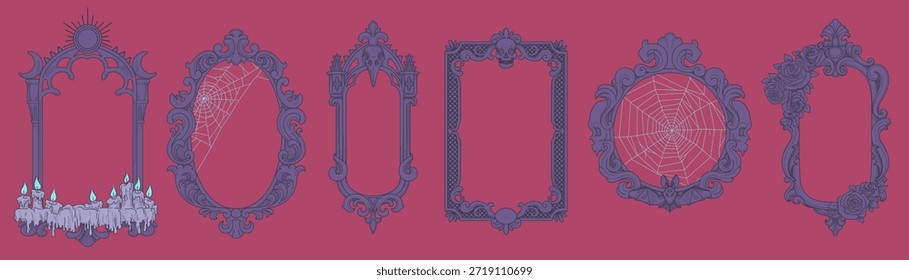 Conjunto de marco gótico. Frontera vintage espeluznante. Ramas dibujadas a mano, telarañas y velas encendidas. Silueta de cuervo en la noche. Luna mágica. Decoración de cuadros. Vector aislado Halloween aislado ilustración