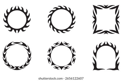 Gothic frame vector set, Neo tribal acid round fantasy border, dark futuristic design element. Retro baroque ornament, decoration flame y2k aesthetic oval. Antique gothic future frame collection 