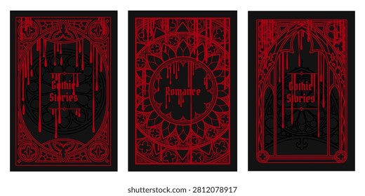 Gothic frames with ornate medieval patterns and dripping blood, vintage decorative borders. Elegant vector design for halloween invitation cards, vampire book covers with circle tracery ornament