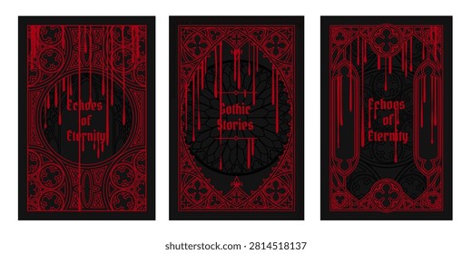 Gothic frames with ornate medieval patterns and dripping blood, vintage decorative borders. Elegant vector design for halloween invitation cards, vampire book covers with circle tracery ornament