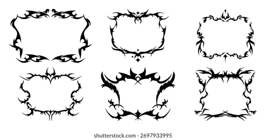 Jogo gótico conjunto de molduras, vetor fantasia fronteira medieval, vintage tribal simetria elemento de design místico. UI menu mistério escuro, RPG mágico antigo arco espiral impressão ornamento. Spike gótico quadro coleção.