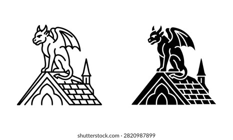 A gothic gargoyle perched on a peaked church roof with a spire, depicted in both outline and solid black silhouette styles on white background.