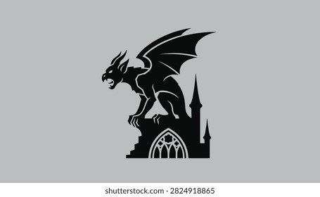 Gothic gargoyle statue silhouette perched on cathedral tower architectural details against plain grey background.