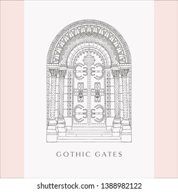 Gothic Gate. Hand Drawn Sketch Vintage Doors. Detailed Decorated Vector Illustration.