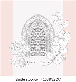 Gothic Gate. Hand Drawn Sketch Vintage Doors Decorated with Florals, Peony and Eucalyptus. Detailed Vector Illustration.