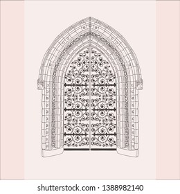 Gothic Gate. Hand Drawn Sketch Vintage Doors. Detailed Decorated Vector Illustration.