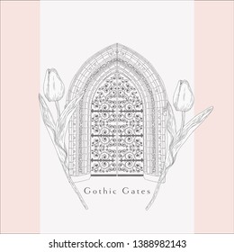 Gothic Gate. Hand Drawn Sketch Vintage Doors Decorated with Florals, Tulips. Detailed Vector Illustration.