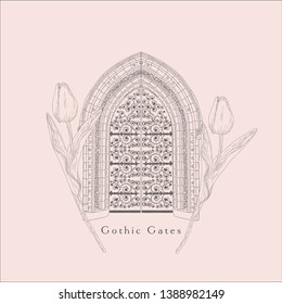 Gothic Gate. Hand Drawn Sketch Vintage Doors Decorated with Florals, Tulips. Detailed Vector Illustration.