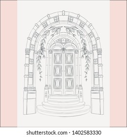 Gothic Gate. Hand Drawn Sketch Vintage Doors decorated with Florals. Detailed Vector Illustration. Logo Branding