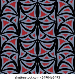 Gothic geometric seamless pattern. Red and gray elements on black background. Fantasy figures in medieval colors. Medieval design for decor clothes, home, etc.