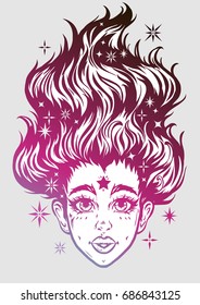 Gothic girl head portrait with long hair. Lady is an ideal Halloween, tattoo, weird, psychedelic art for print, posters, t-shirts and textiles. Vector illustration.