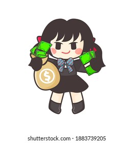 gothic girl holding money bag with crown