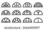 Gothic glass semicircle rose windows set. Medieval vector frames silhouettes. Circular vintage stained glass outline illustrations on white background