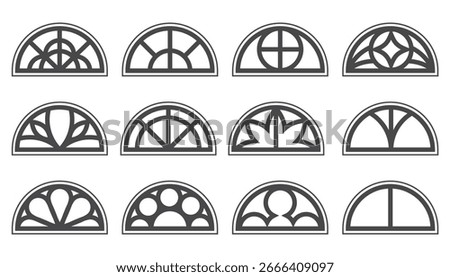 Gothic glass semicircle rose windows set. Medieval vector frames silhouettes. Circular vintage stained glass outline illustrations on white background