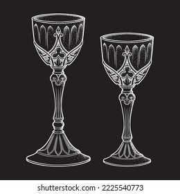 Gothic goblets or Holy grail set hand drawn line art and dot work vector illustration