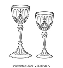 Gothic goblets or Holy grail set hand drawn line art and dot work vector illustration