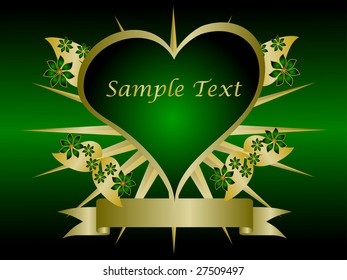 A gothic Gold floral hearts vector design with room for text on a dark green background