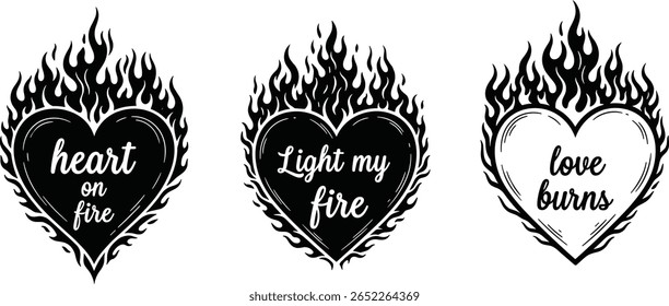 Gótico goth anjo núcleo y2k flamejando corações ilustrações. Coração pegando fogo, amor queimando, acender meu fogo composições tipográficas. Coleção de design de impressão em branco preto
