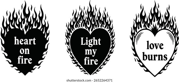 Gótico goth anjo núcleo y2k flamejando corações ilustrações. Coração pegando fogo, amor queimando, acender meu fogo composições tipográficas. Coleção de design de impressão em branco preto