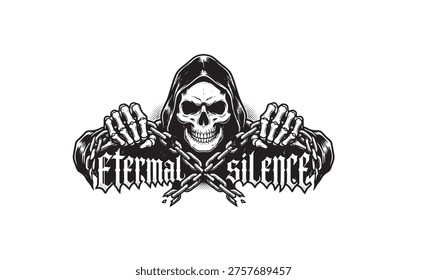 Gothic Grim Reaper Skull with Chains and 'Eternal Silence' Text
