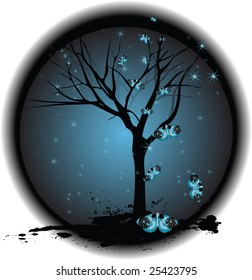 A gothic grungy tree on a dark background surrounded by butterflies and stars