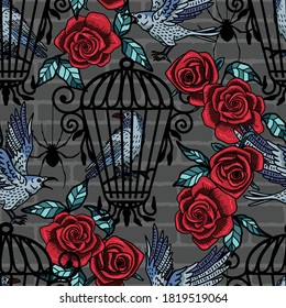 Gothic Halloween Castle Scene Vector Seamless Pattern